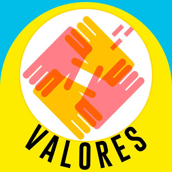 Ilustración representando 4 manos superpuestas en círculo con texto valores abajo.